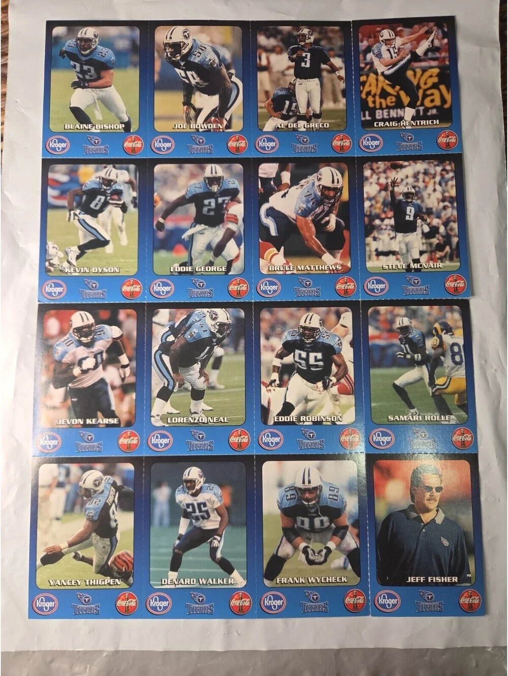 1999 Tennessee Titans 16 Uncut Trading Card Set 10x14 Sheet